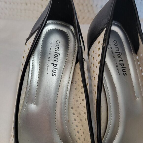 Women's Shoes Comfort Plus Predictions heels black white w/bow sz 7 1/2 Wide - Picture 2 of 10